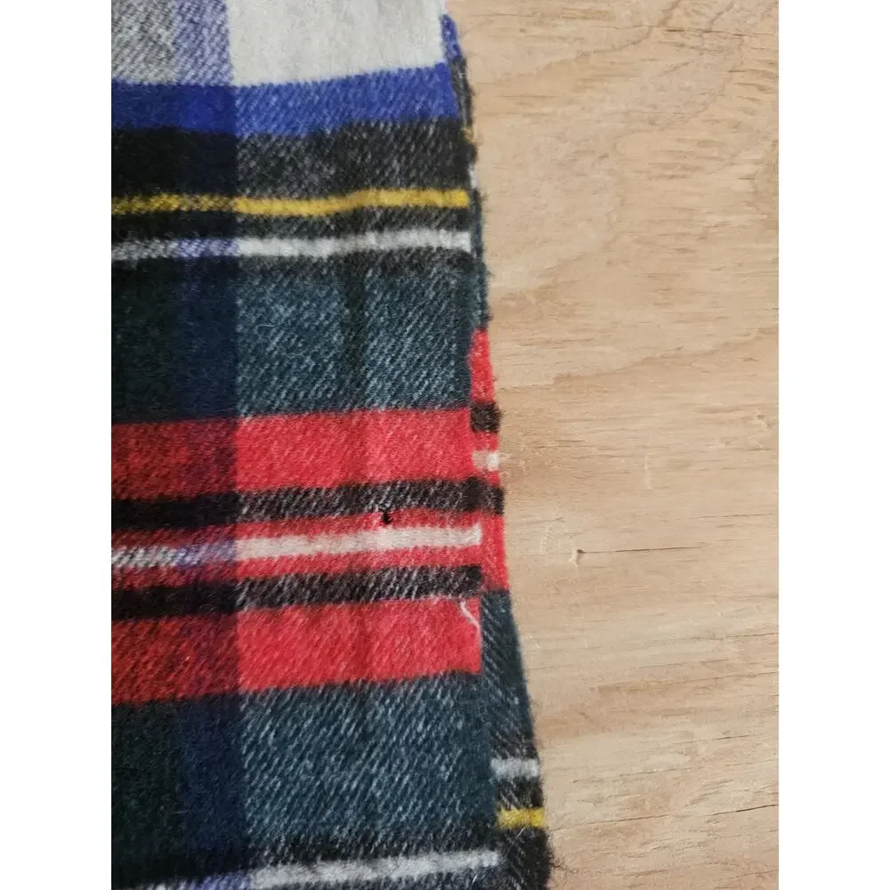Vintage Wool Plaid Ivory Green Blue Black Yellow Red Scarf With Fringe 50x11.5